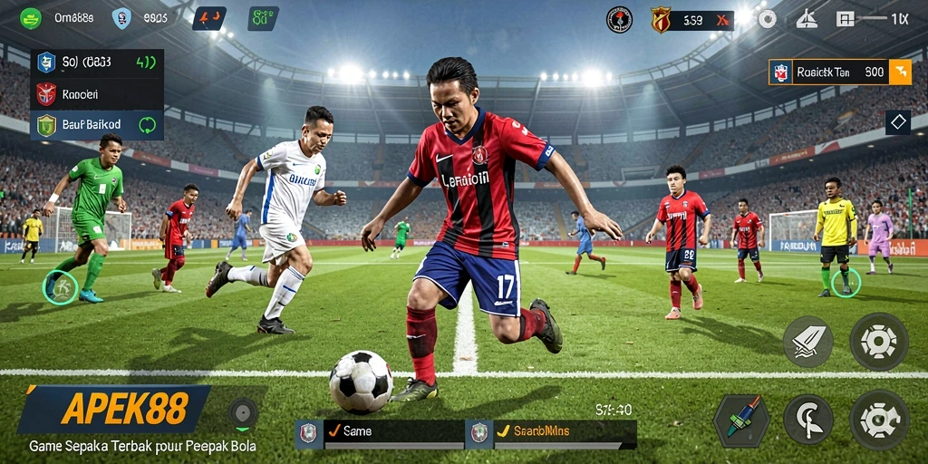Screenshot menampilkan gameplay mendebarkan APEK88 saat pertandingan sepak bola.