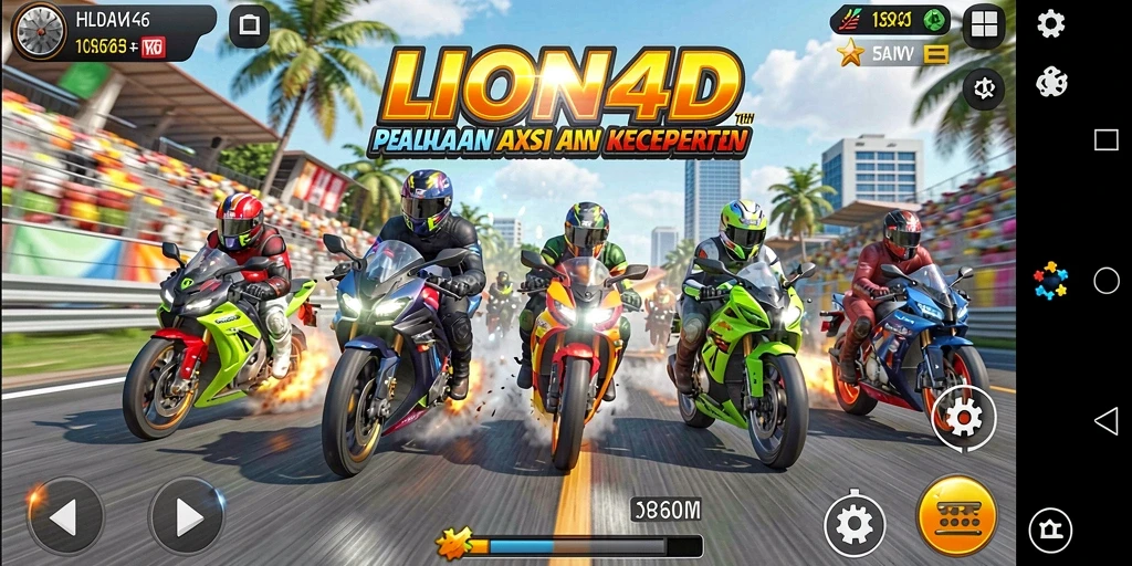 Tampilan gameplay yang menegangkan dari LION4D saat balapan motor.