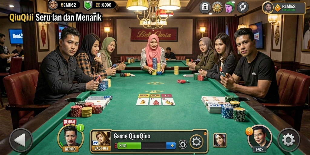 Screenshot utama REMI62 menampilkan suasana seru permainan QiuQiu.