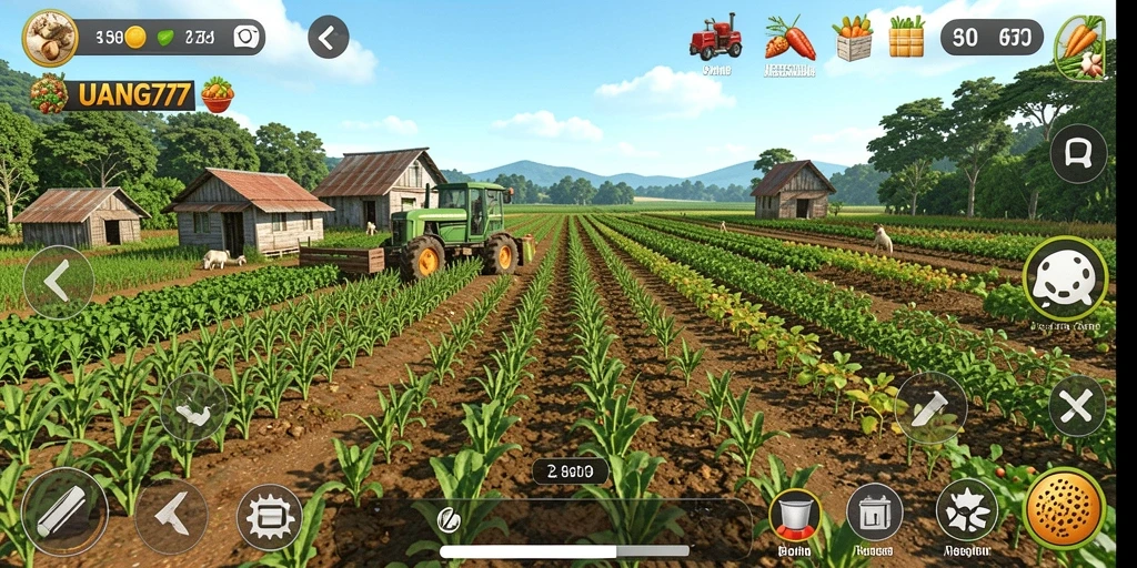 Gameplay menarik UANG77 dengan ladang berwarna-warni dan tanaman subur.