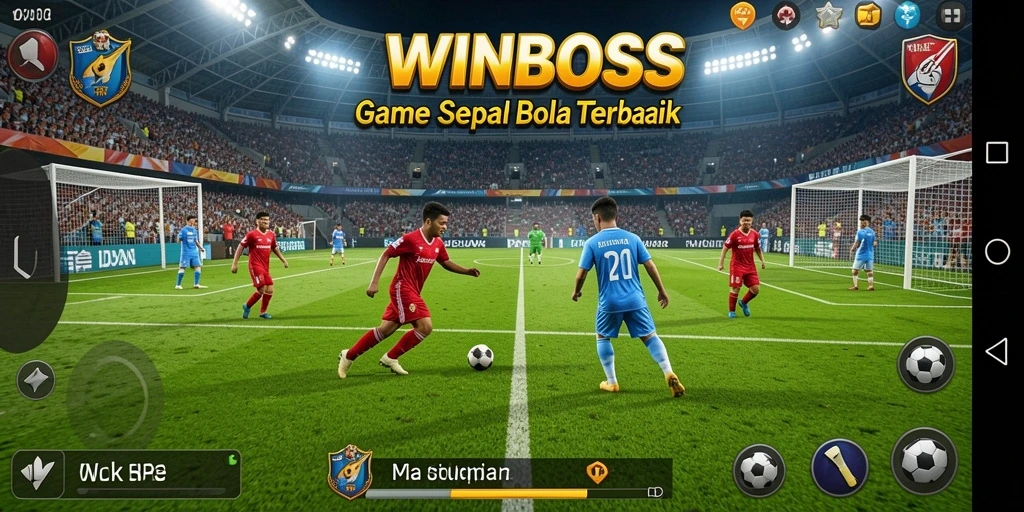 Tangkapan layar utama WINBOSS menampilkan momen seru dalam pertandingan sepak bola.